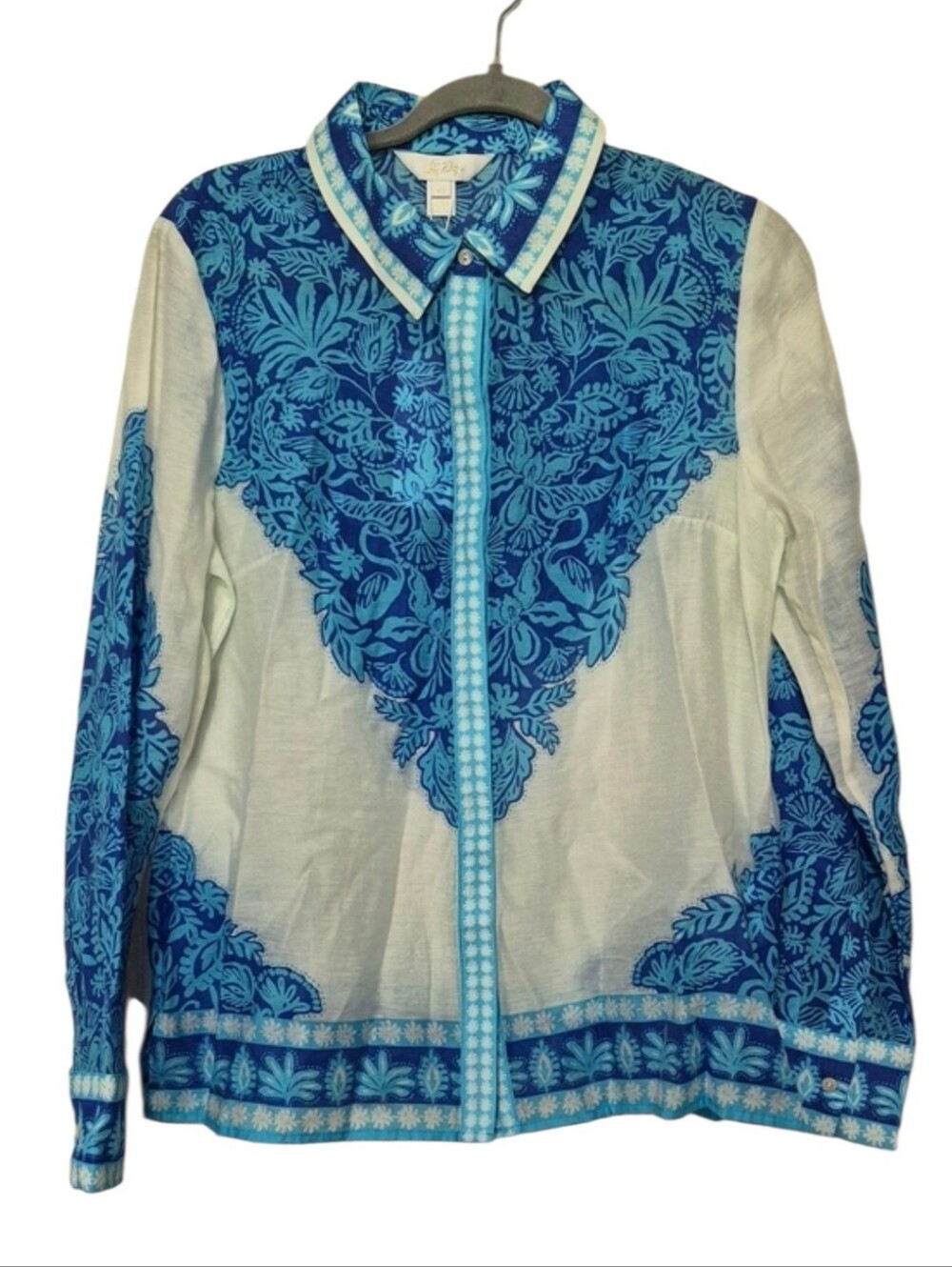Lilly Pulitzer Kiran Button Down Top Size M Blue Aqua Floral Semi Sheer NWT